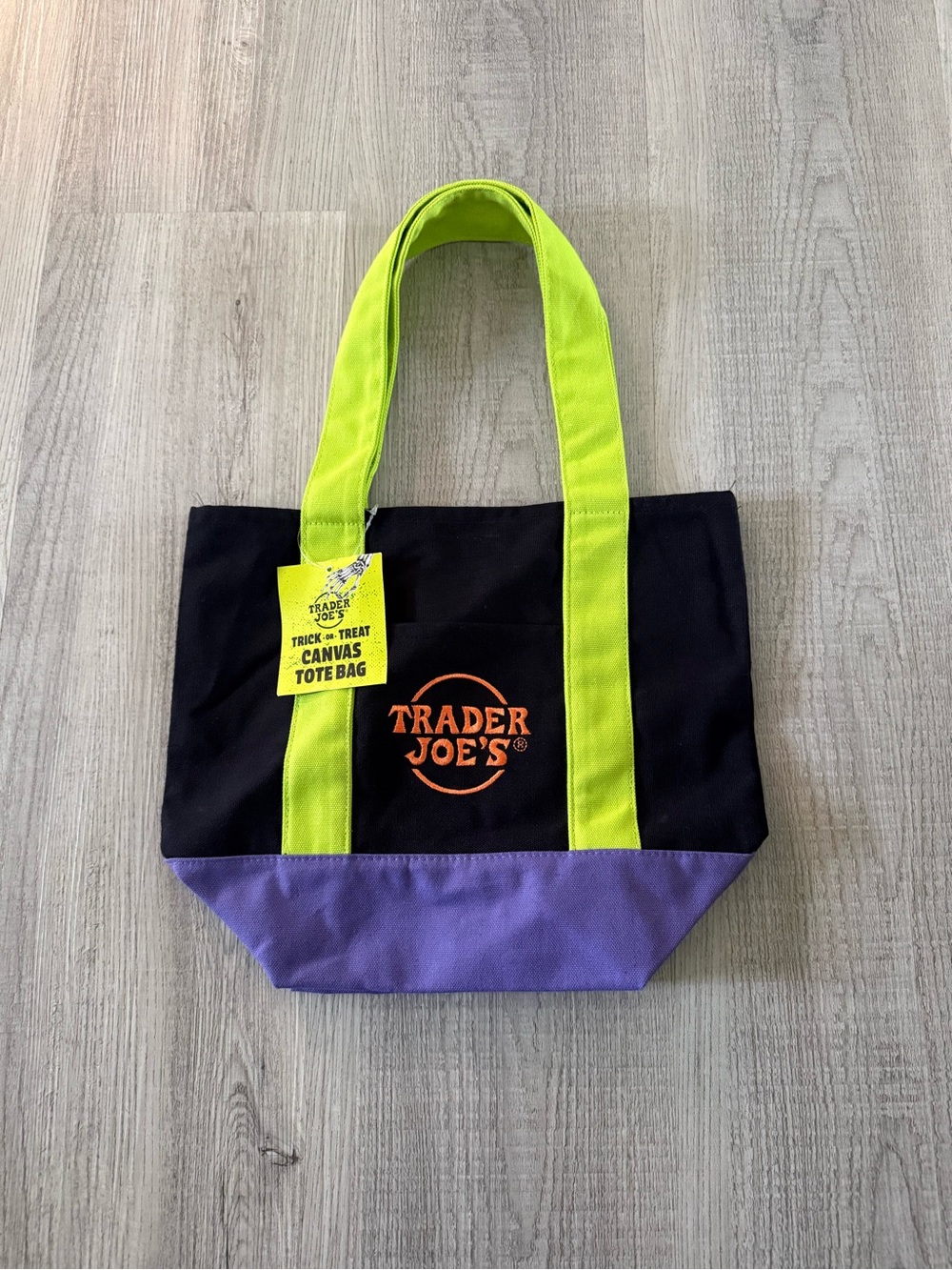 Brand New w Tags Trader Joe's Black Canvas Tote with Lime Handles and Purple